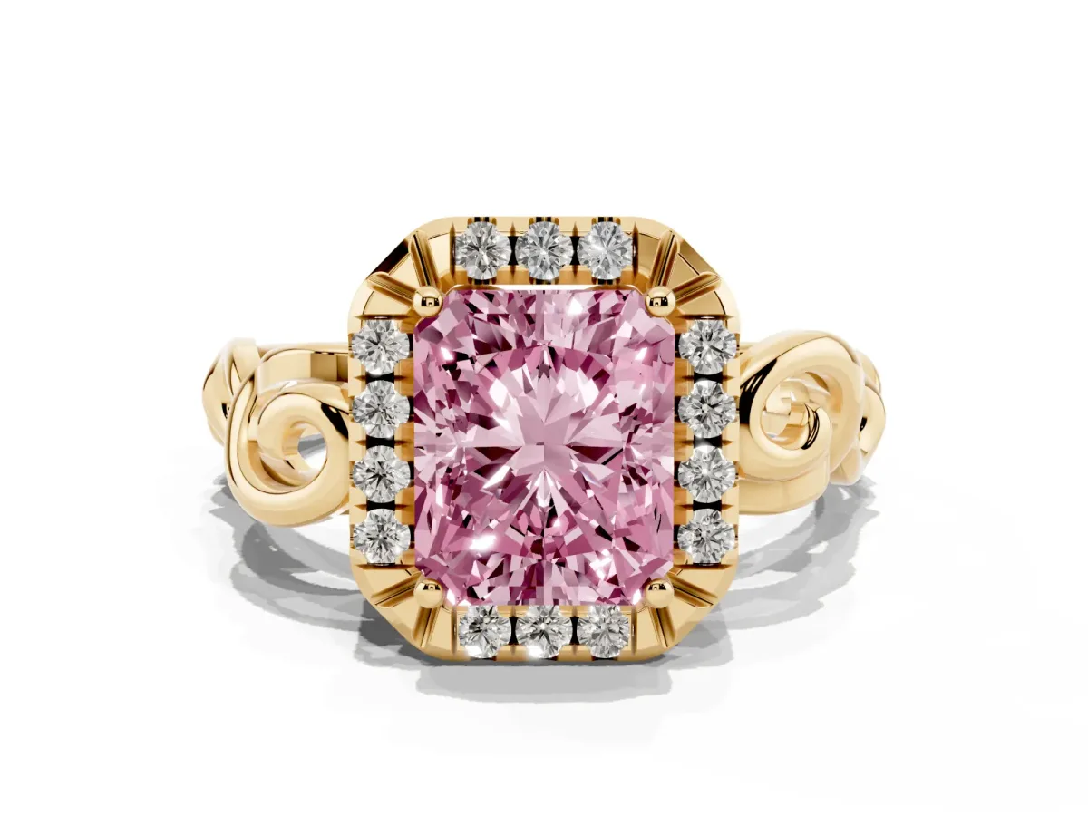 Fancy Pink Radiant Cut Cut Halo Diamond Ring with Scrollwork Band and Four-Prong Setting Yellow gold