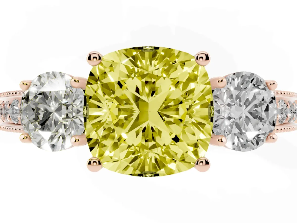 Fancy Yellow Cushion Cut Three-Stone Diamond Ring with Pavé Band and Four-Prong Setting Rose gold