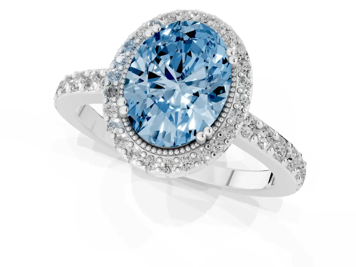 Fancy Blue Oval Cut Cut Diamond Halo Engagement Ring with Milgrain Detail and Pavé Band White gold