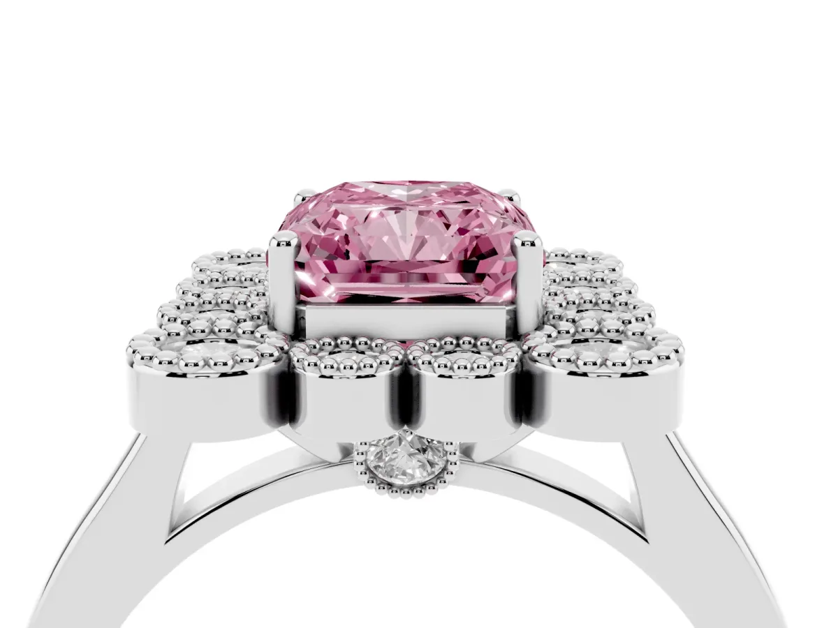 Fancy Pink Radiant Cut Halo Diamond Cluster Engagement Ring with Milgrain Bezel Setting and Solitaire Band Platinum