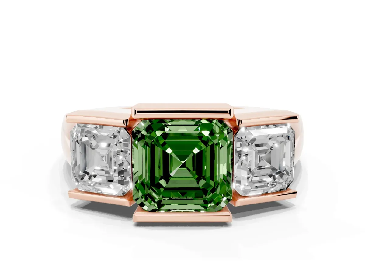 Fancy Green Three Stone Asscher Cut Cut Channel Set Diamond Ring Rose gold