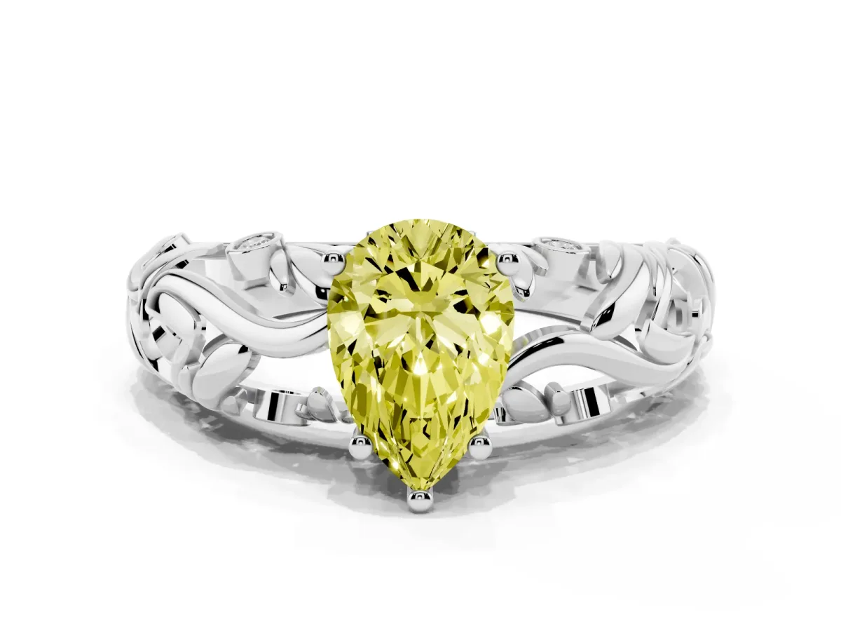 Fancy Yellow Pear Cut Solitaire Diamond Leaf-Inspired Vine Band Ring with Prong Setting Silver