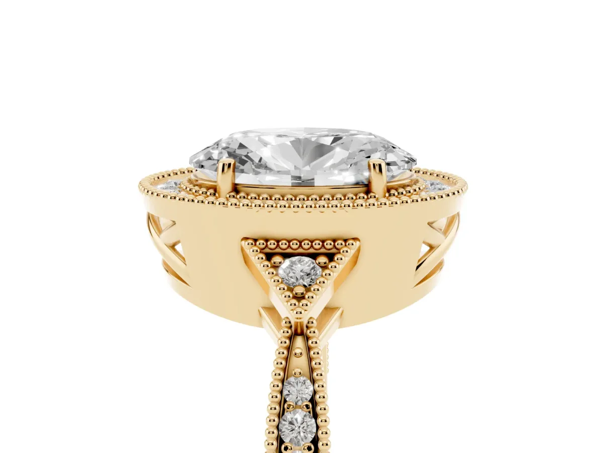 Oval Cut Halo Round Diamond Milgrain Pave Engagement Ring Yellow gold