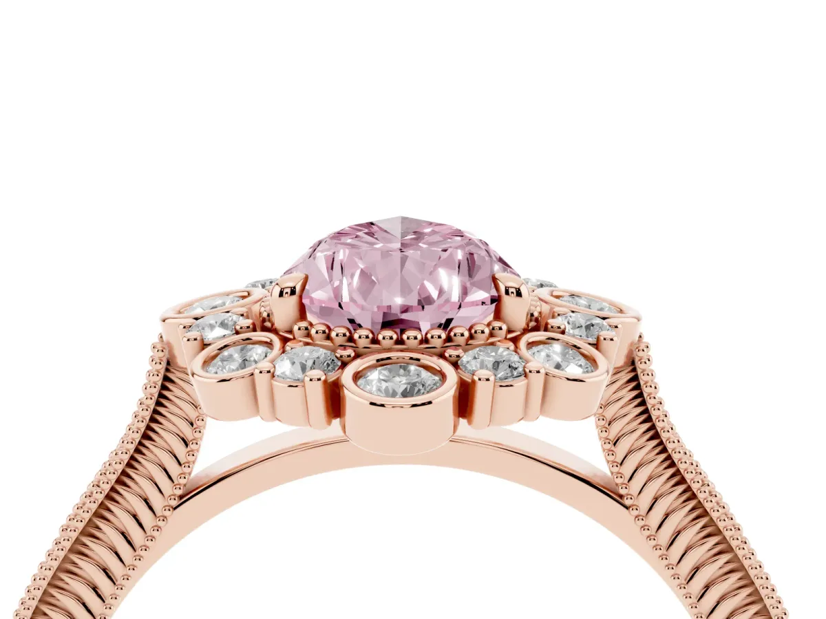 Fancy Pink Pear Cut Halo Milgrain Pave Diamond Ring with Four-Prong Setting Rose gold