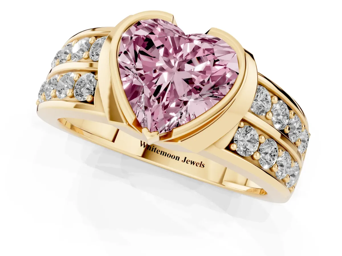 Fancy Pink Heart Cut Brilliant Diamond Channel Set Wide Band Ring with Bezel Setting Yellow gold
