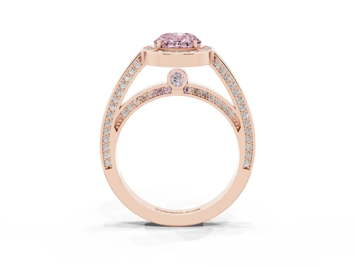 Fancy Pink Oval Cut Cut Halo Pave Split Shank Prong Setting Ring Rose gold