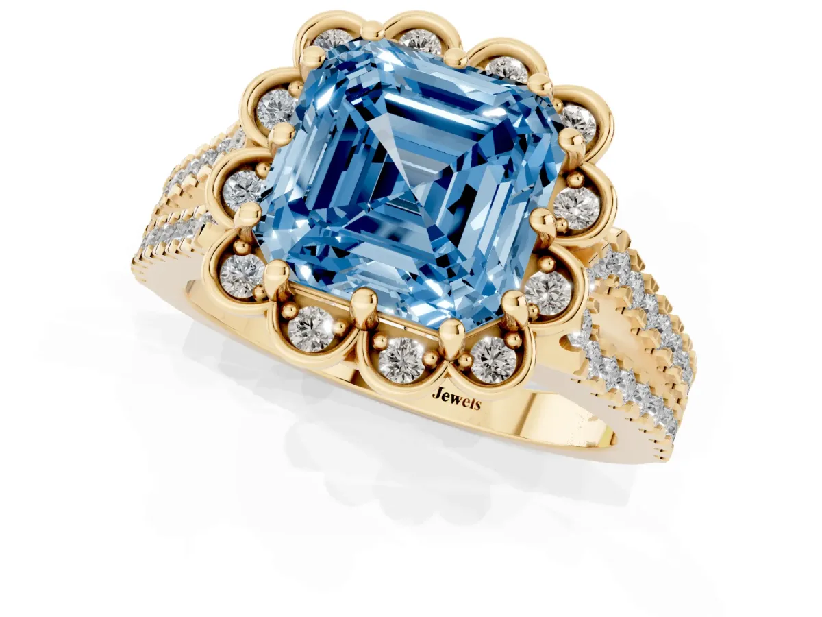 Fancy Blue Asscher Cut Halo Diamond Floral Split Shank Engagement Ring Yellow gold