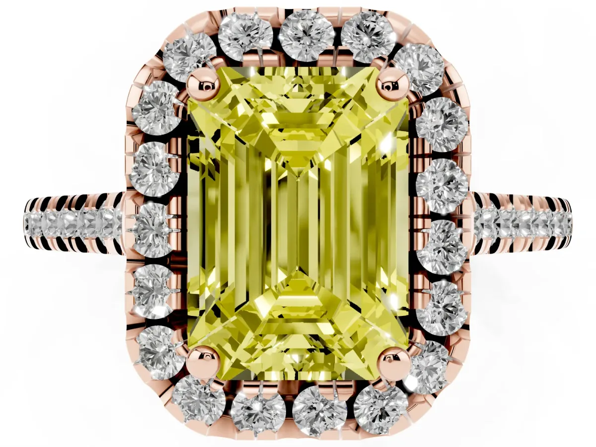 Fancy Yellow Emerald Cut Diamond Cushion Halo Ring with Pavé Band Rose gold
