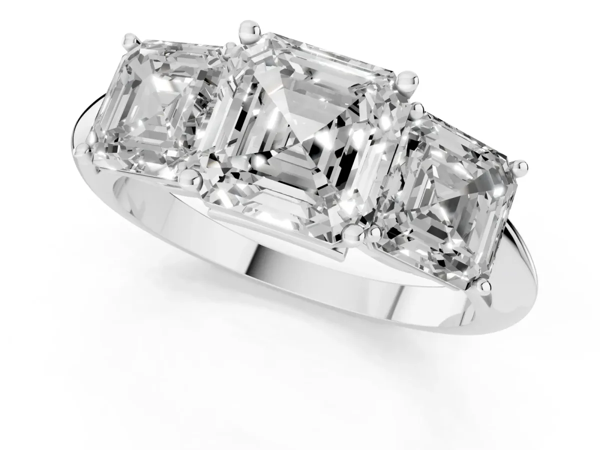 Three-Stone Asscher Cut Cut Diamond Engagement Ring with Prong Setting on a White Gold Band White gold