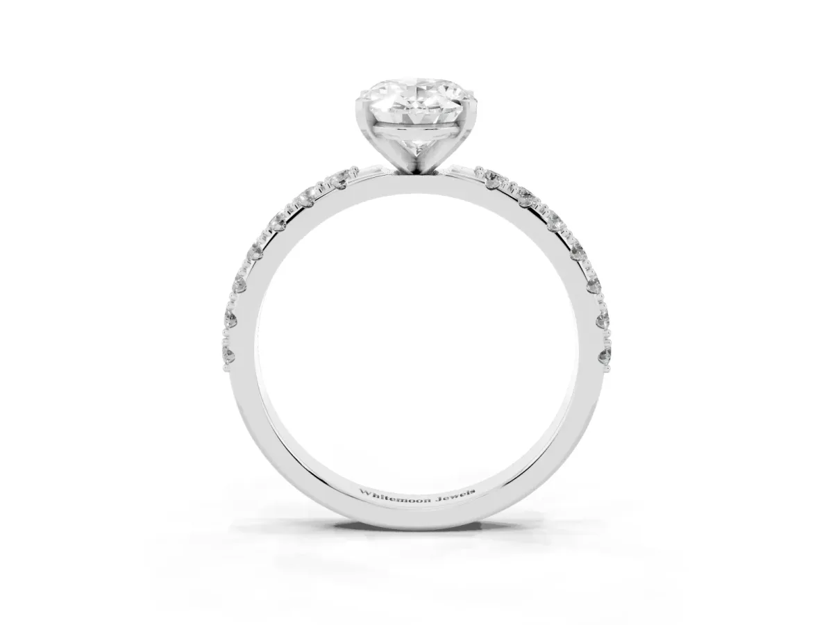 Oval Cut Diamond Solitaire Pavé Band with Four-Prong Setting Silver