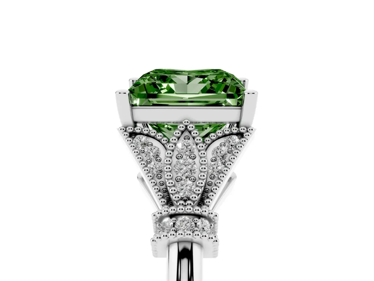 Fancy Green Princess Cut Diamond Solitaire Ring with Floral Filigree and Pave Accents White gold