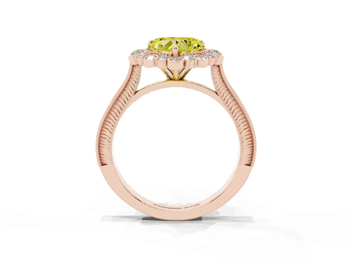 Fancy Yellow Heart Cut Halo Milgrain Pave Diamond Ring with Four-Prong Setting Rose gold