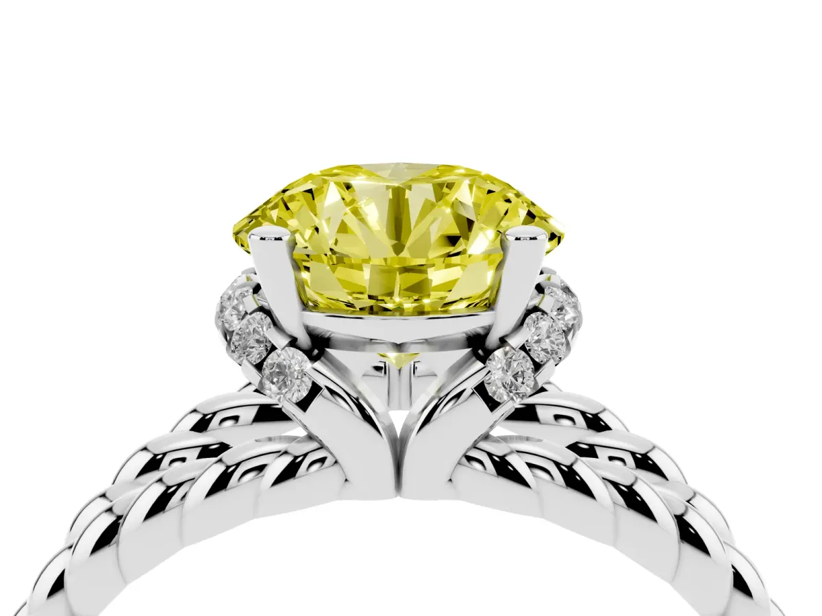Fancy Yellow Round Cut Halo Twisted Band Four-Prong Ring Silver