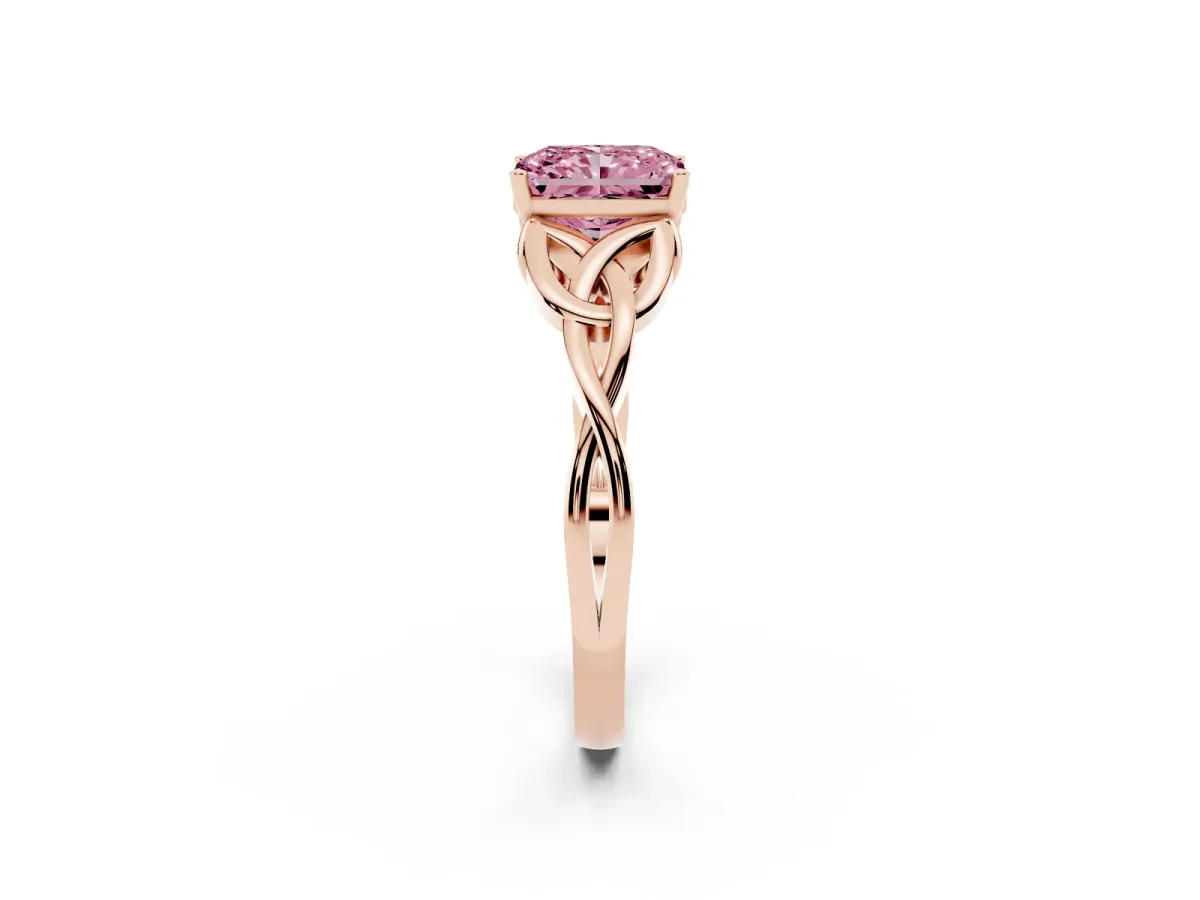 Fancy Pink Radiant Cut Diamond Solitaire Engagement Ring with Celtic Knot Band and Four-Prong Setting Rose gold