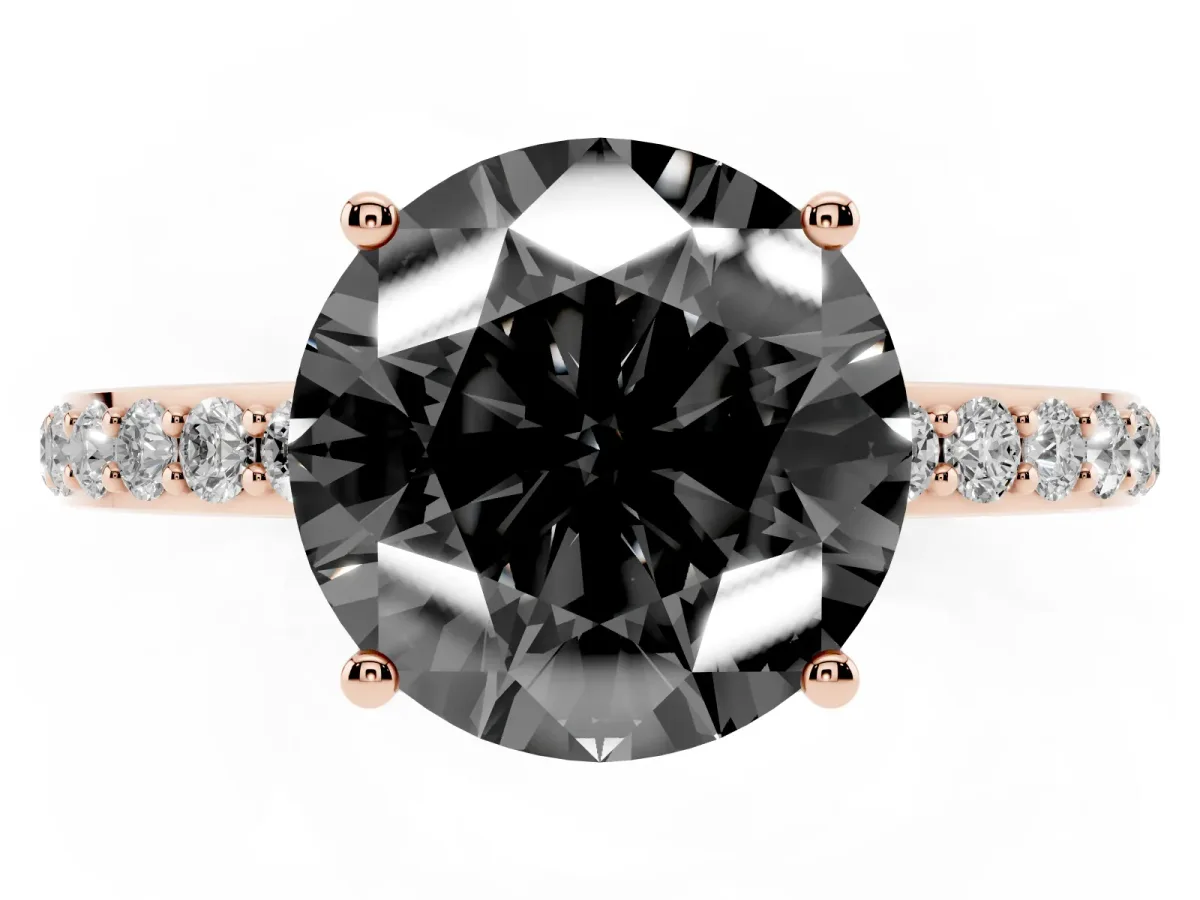 Fancy Black Round Cut Diamond Solitaire Ring with Pavé Band and Hidden Halo Rose gold
