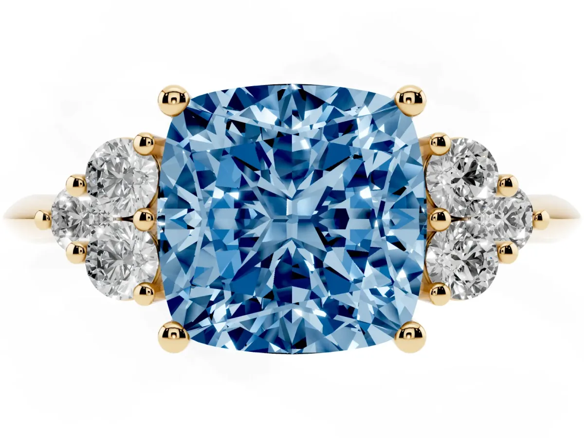 Fancy Blue Cushion Cut Cut Diamond Cluster Ring with Solitaire Band and Four-Prong Setting Yellow gold