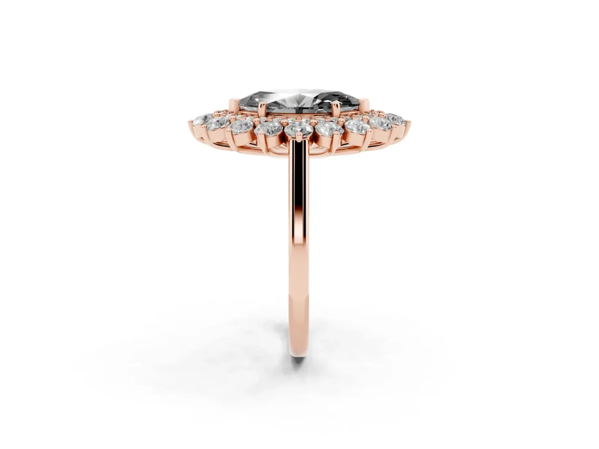 Fancy Black Marquise Cut Diamond Floral Double Halo Engagement Ring with Prong Setting Rose gold