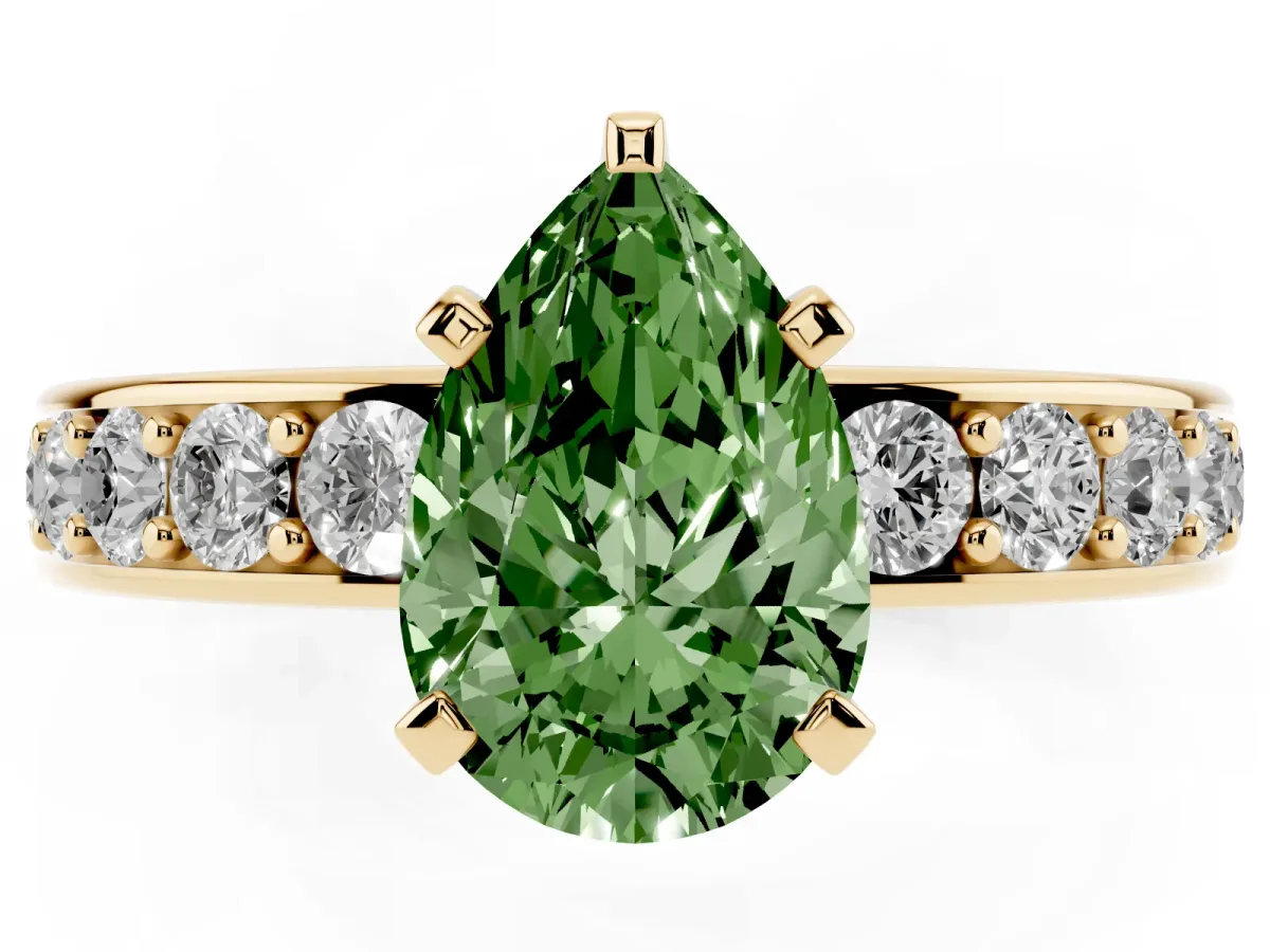 Fancy Green Pear Cut Diamond Engagement Ring with Channel Set Round Band and Prong Setting Yellow gold