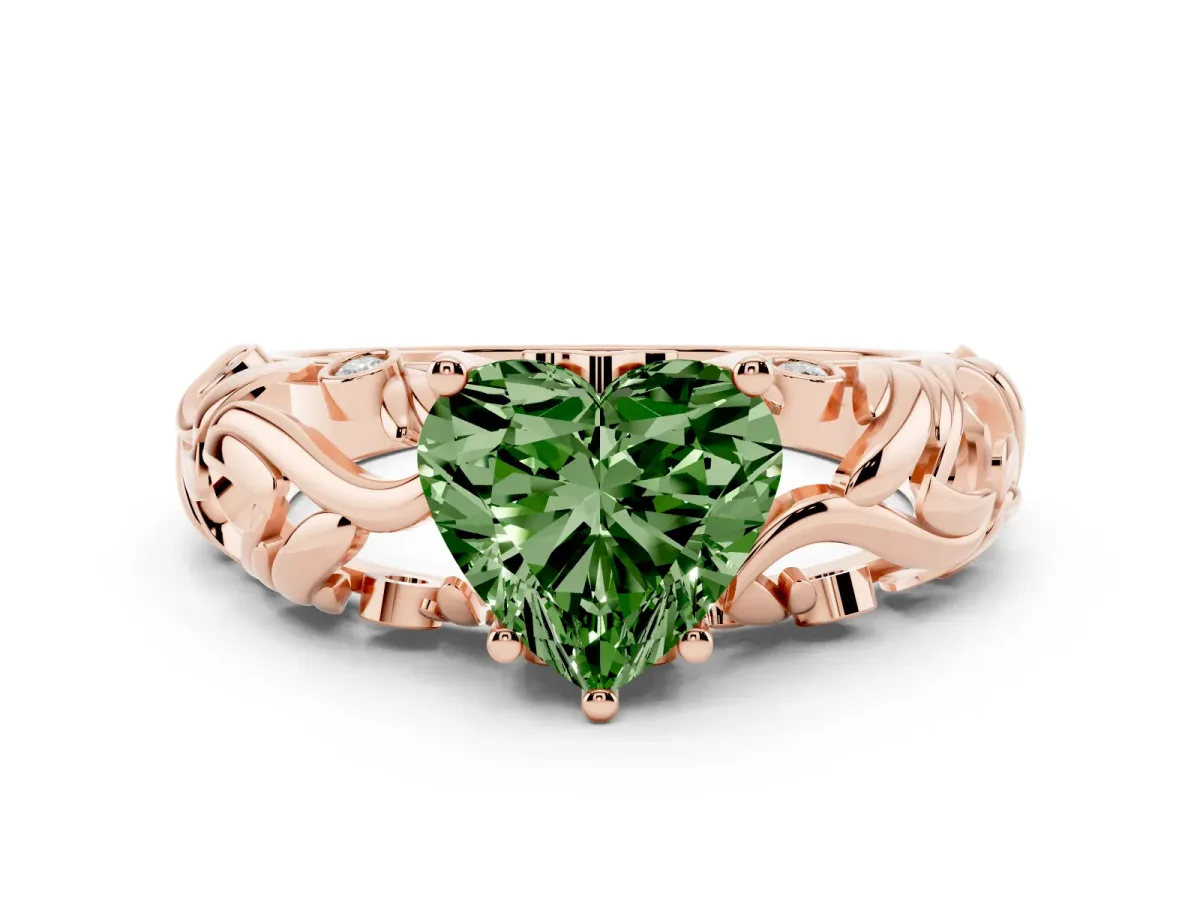 Fancy Green Heart Cut Solitaire Diamond Leaf-Inspired Vine Band Ring with Prong Setting Rose gold