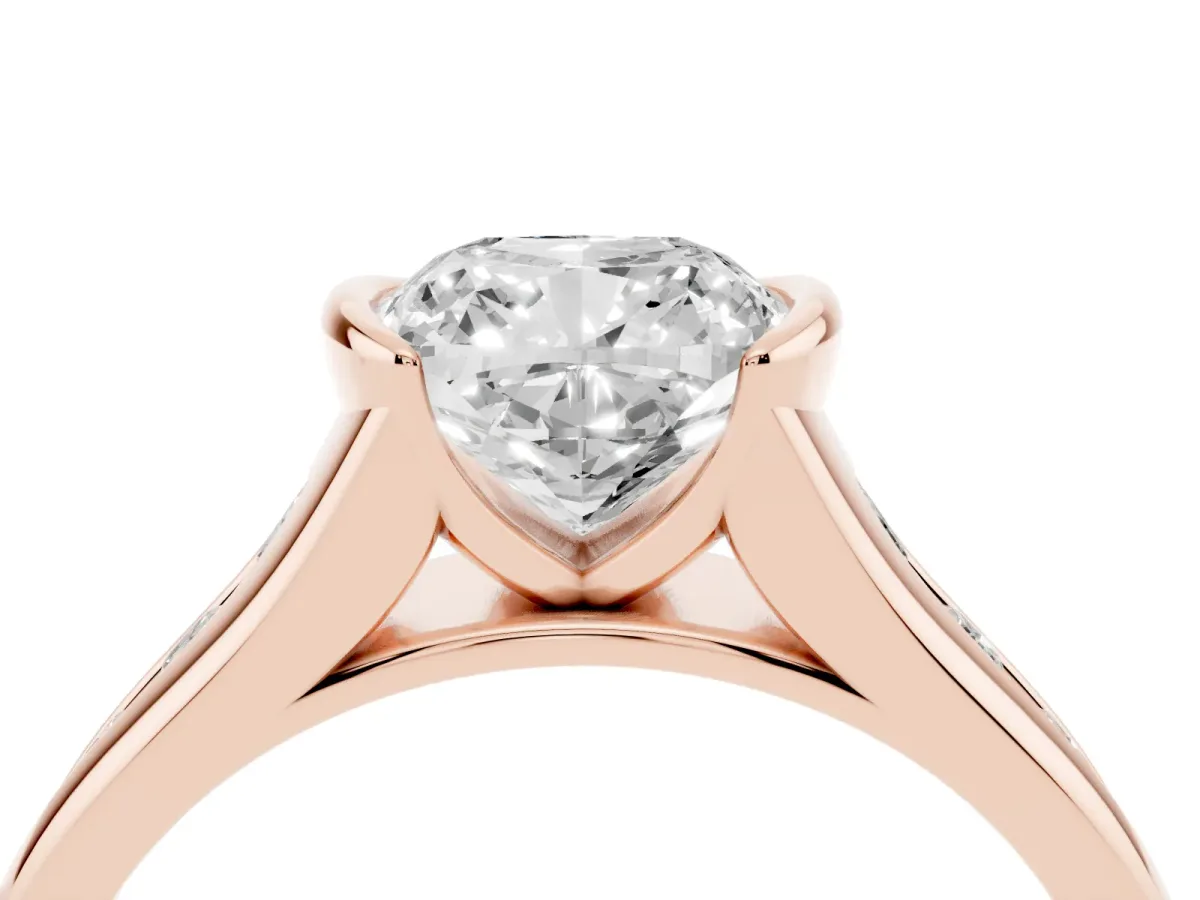 Cushion Cut Solitaire Bezel-Set Diamond Ring with Channel-Set Band Rose gold