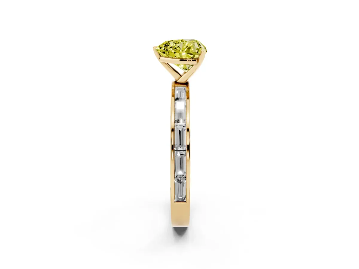 Fancy Yellow Heart Cut Solitaire Diamond Ring with Channel-Set Baguette Band and Four-Prong Setting Yellow gold