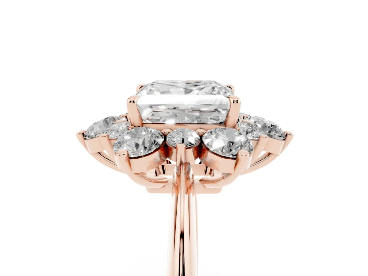 Princess Cut Diamond Cluster Halo Ring with Solitaire Band and Four-Prong Setting Rose gold
