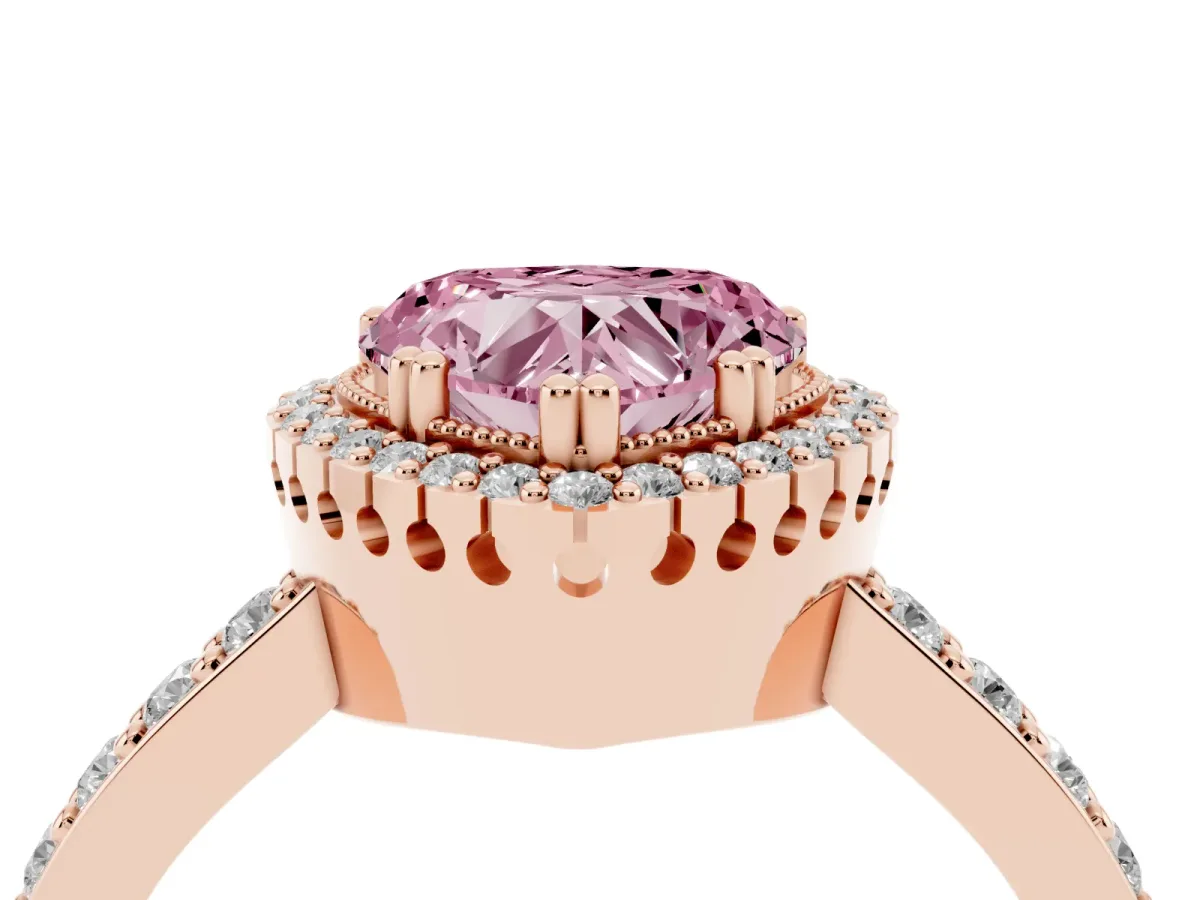 Fancy Pink Heart Cut Cut Diamond Halo Engagement Ring with Milgrain Detail and Pavé Band Rose gold