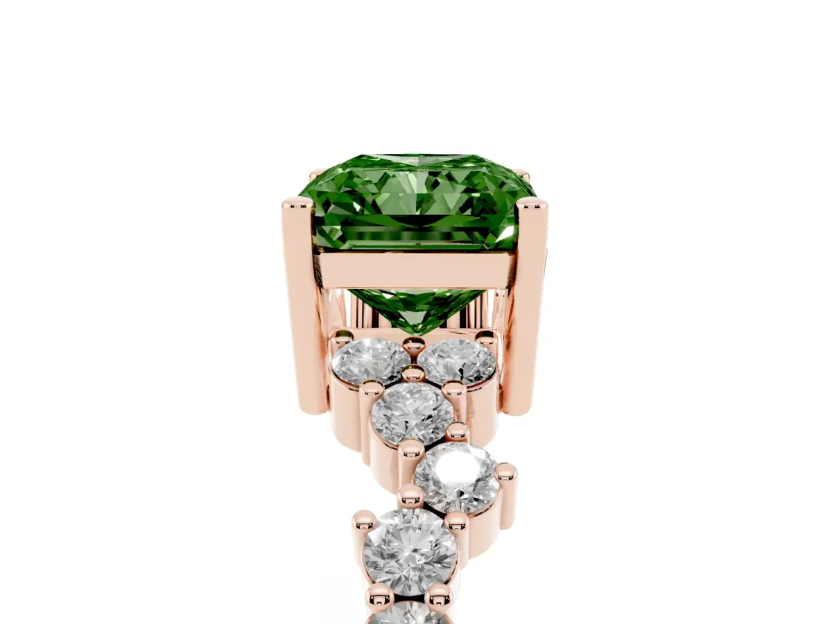 Fancy Green Radiant Cut Diamond Scattered Round Accent Ring with Prong Setting Rose gold