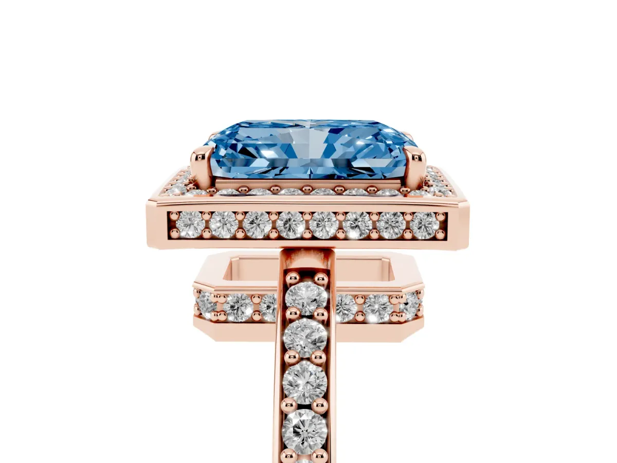 Fancy Blue Radiant Cut Halo Pave Band Solitaire Ring with Prong Setting Rose gold