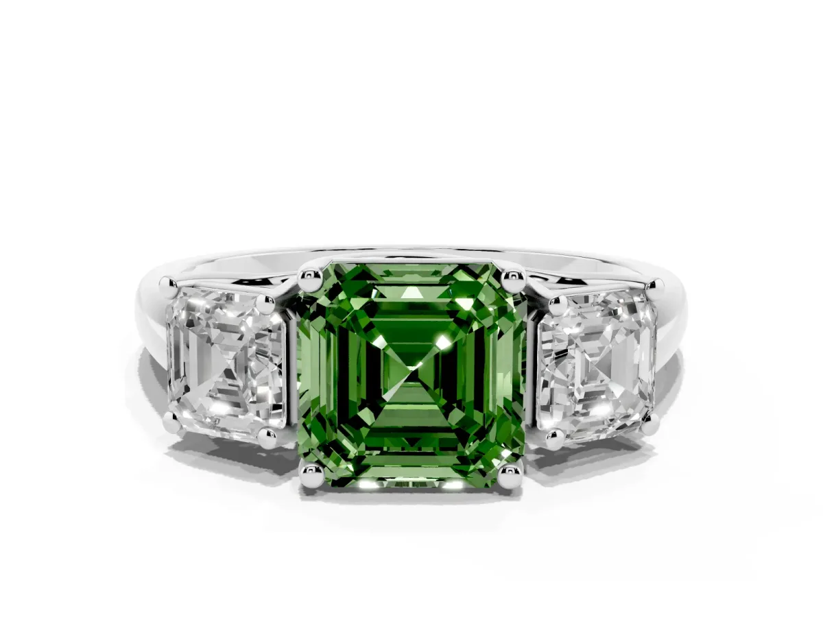 Fancy Green Three-Stone Asscher Cut Diamond Engagement Ring with Prong Setting Silver
