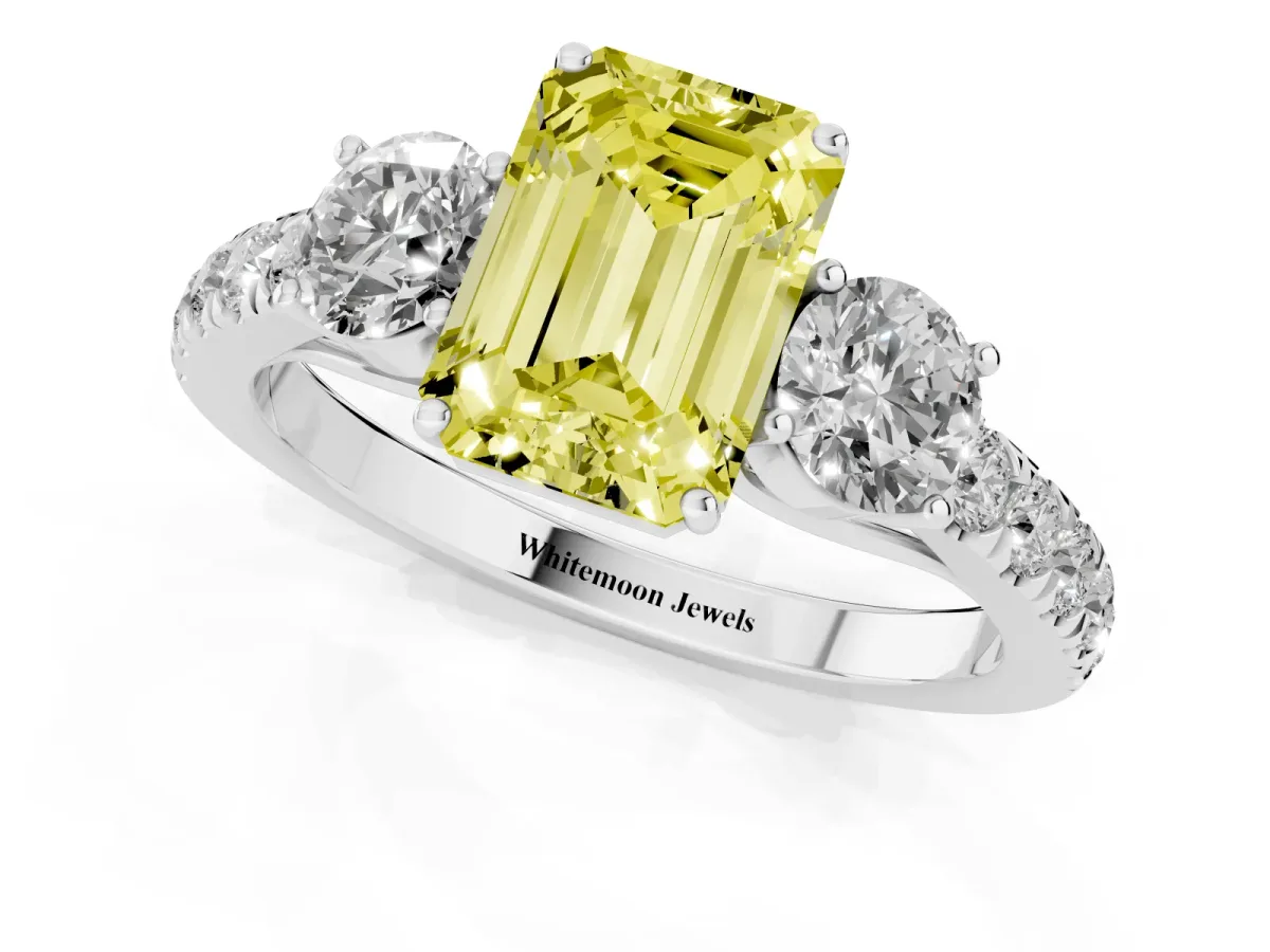 Fancy Yellow Emerald Cut Cut Diamond Three-Stone Ring with Round Side Stones and Pavé Band Silver