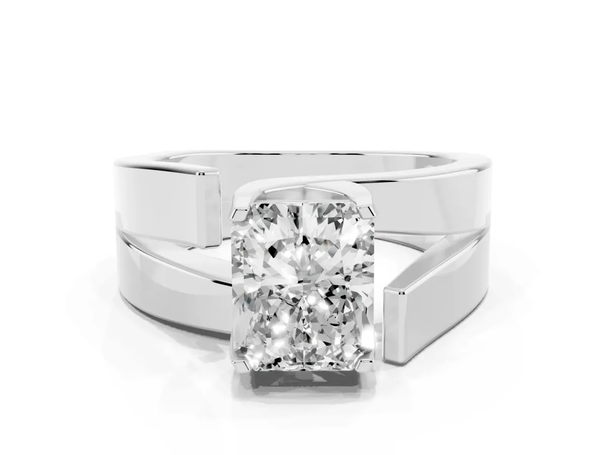 Modern Tension Set Radiant Cut Diamond Solitaire Wide Band Ring Silver