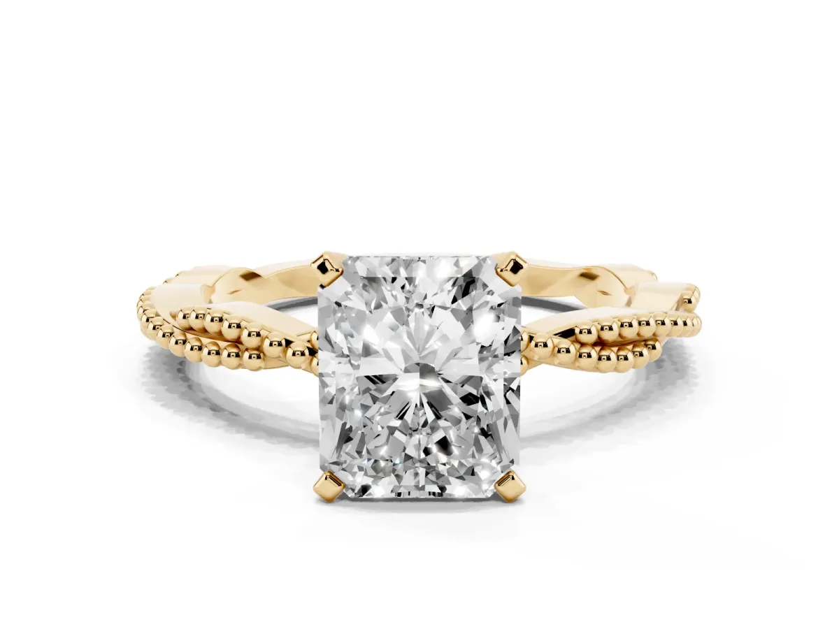 Radiant Cut Solitaire Twisted Band with Bead Prong Setting Yellow gold