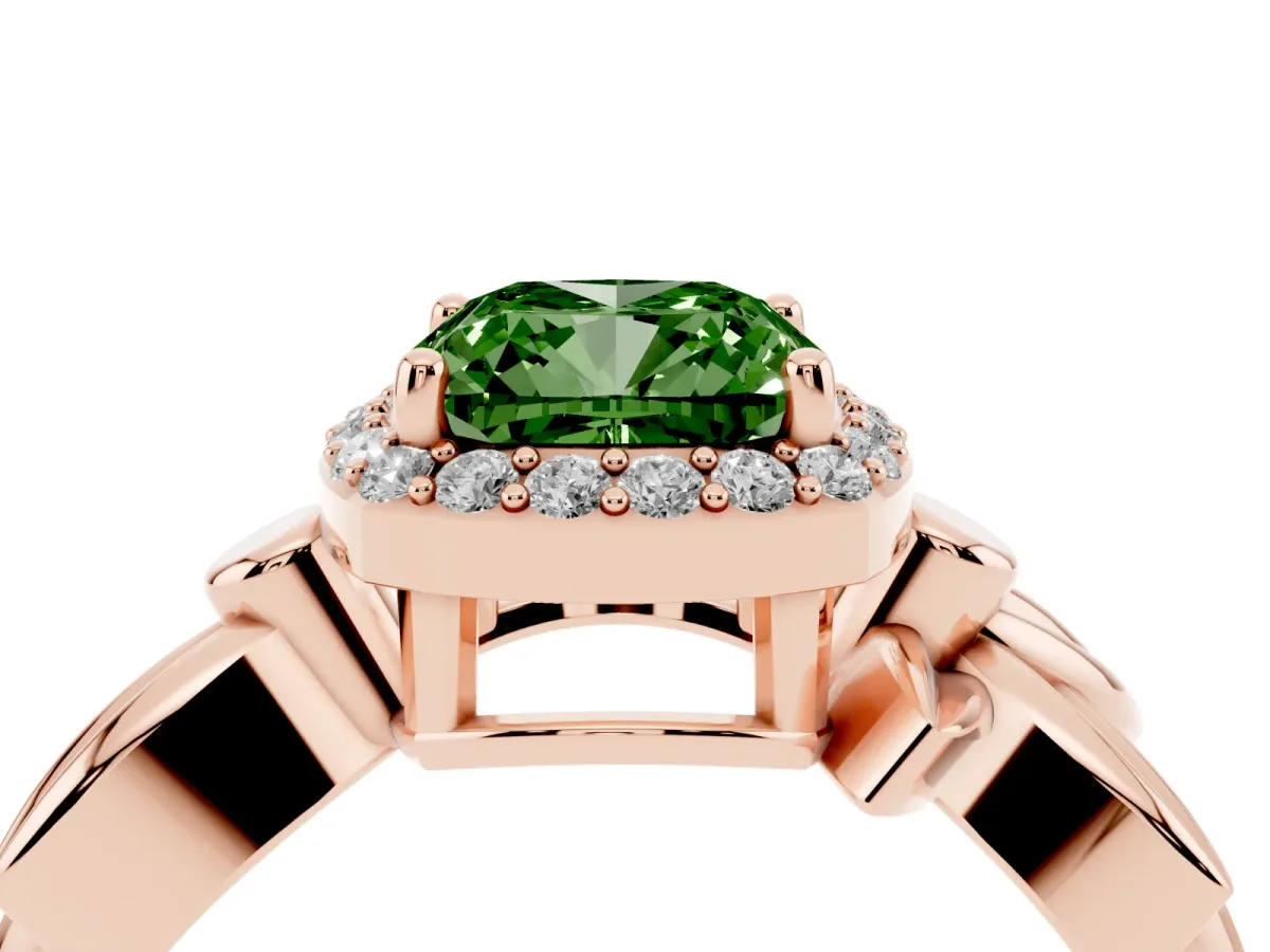 Fancy Green Cushion Cut Halo Diamond Floral Band with Four-Prong Setting Rose gold