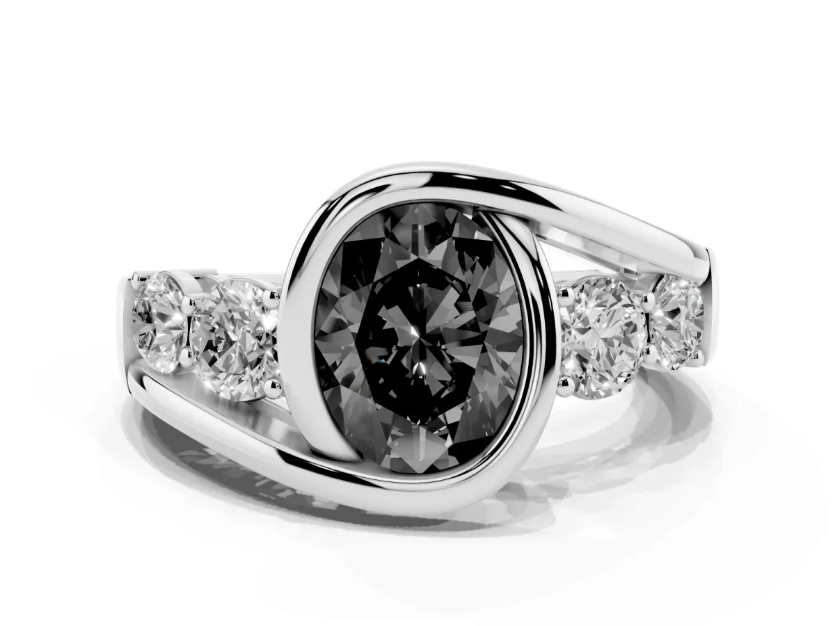 Fancy Black Bezel Set Oval Cut Diamond Bypass Ring with Round Accents Silver