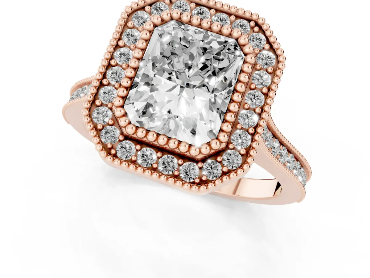 Radiant Cut Diamond Halo Ring with Milgrain Frame and Pavé Band Rose gold
