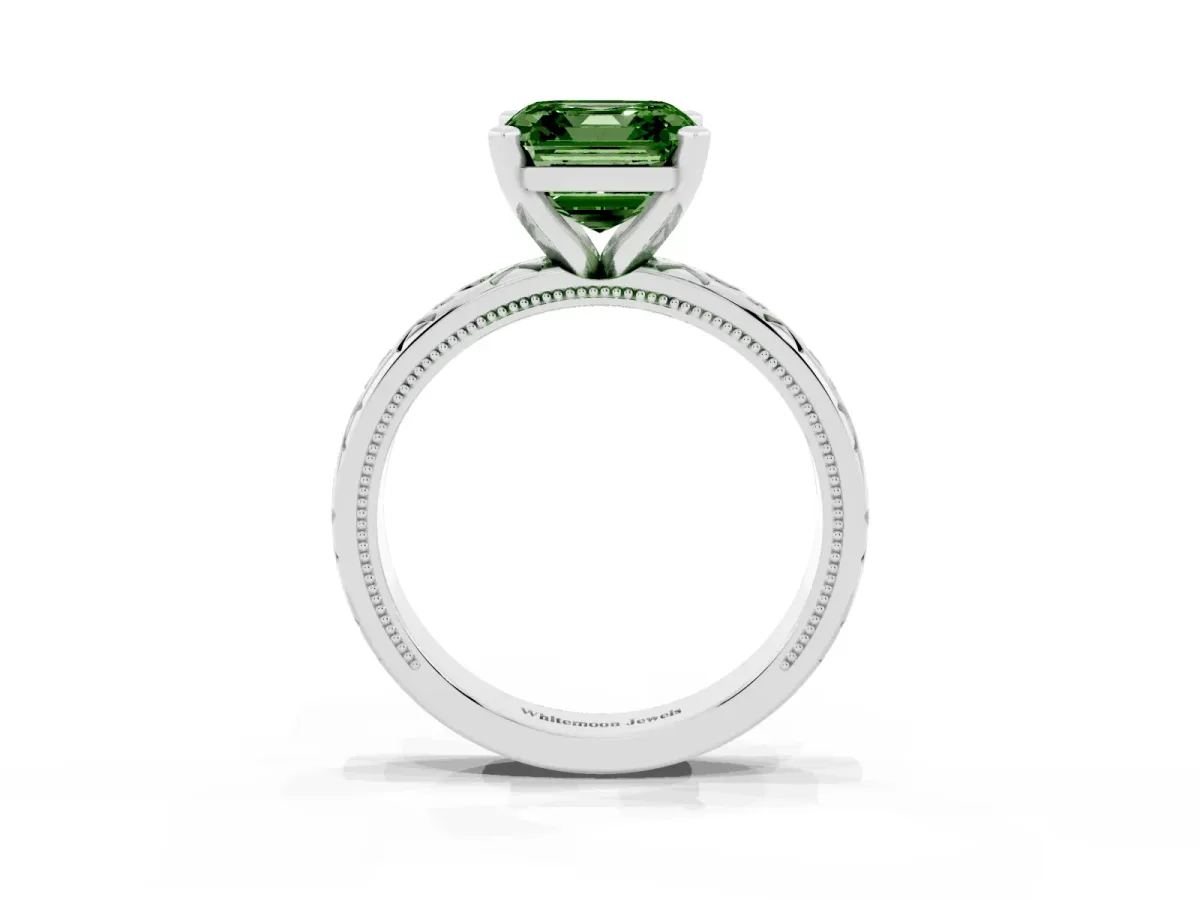 Fancy Green Asscher Cut Solitaire Engagement Ring with Scrollwork Band and Four-Prong Setting Silver
