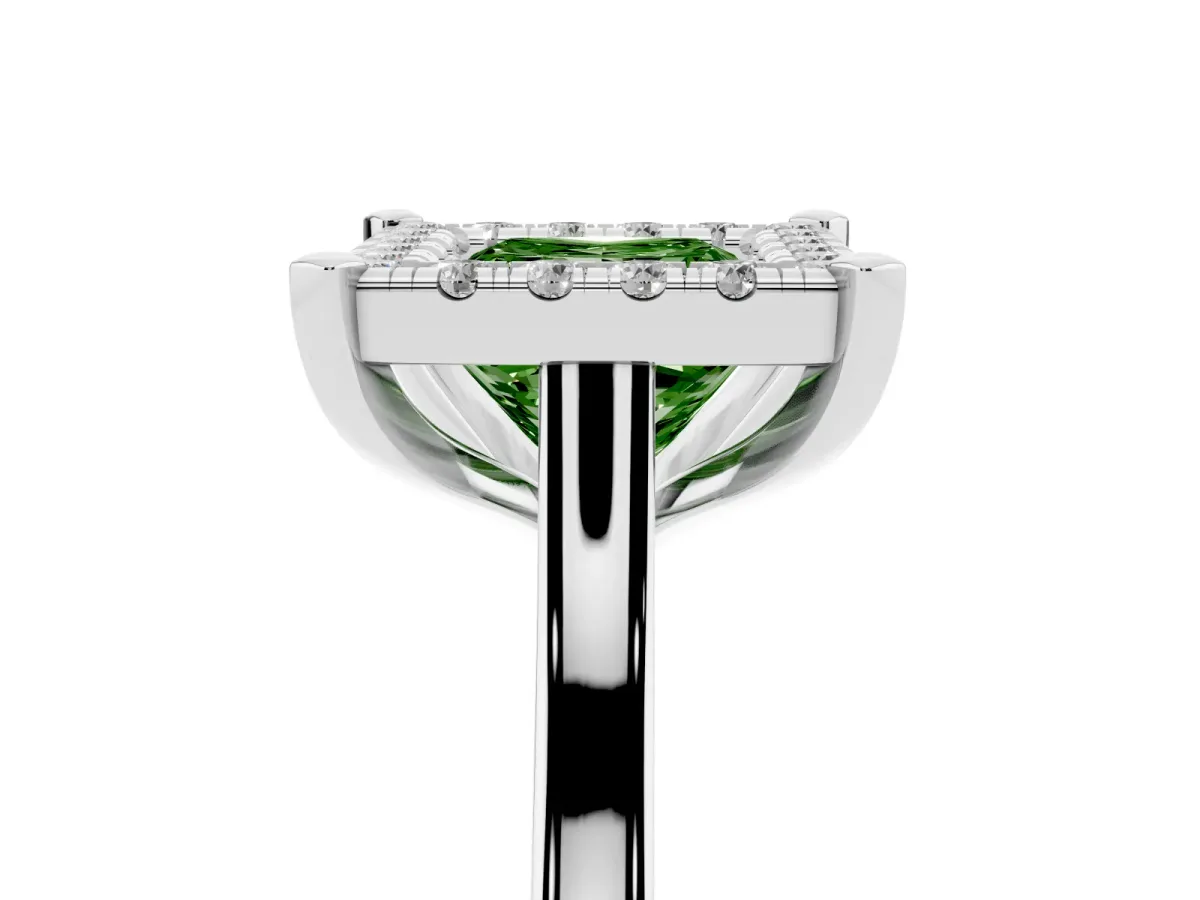 Fancy Green Princess Cut Diamond Cluster Halo Solitaire with Four-Prong Setting Silver