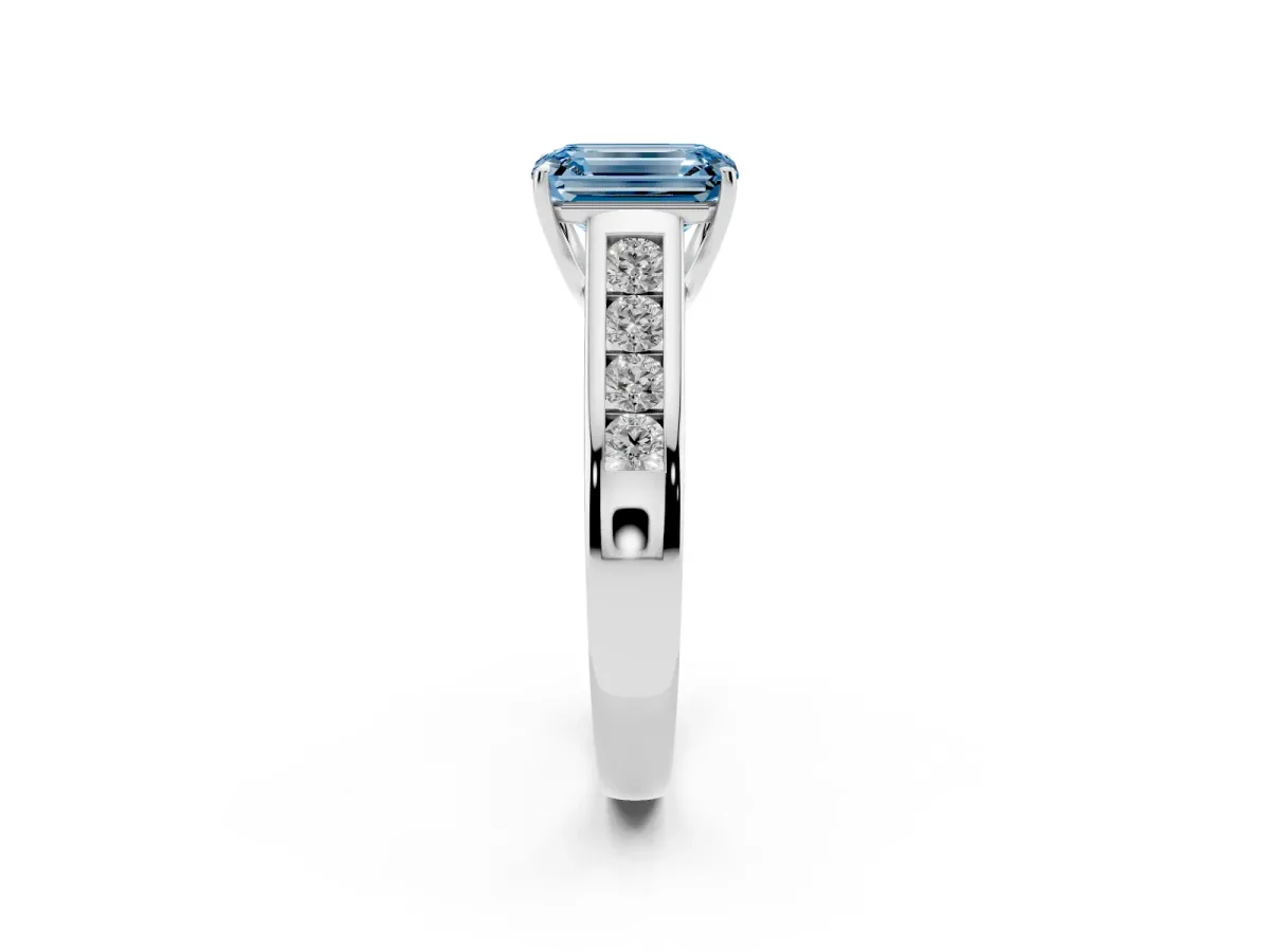 Fancy Blue Emerald Cut Solitaire Channel-Set Diamond Engagement Ring with Four-Prong Setting Silver