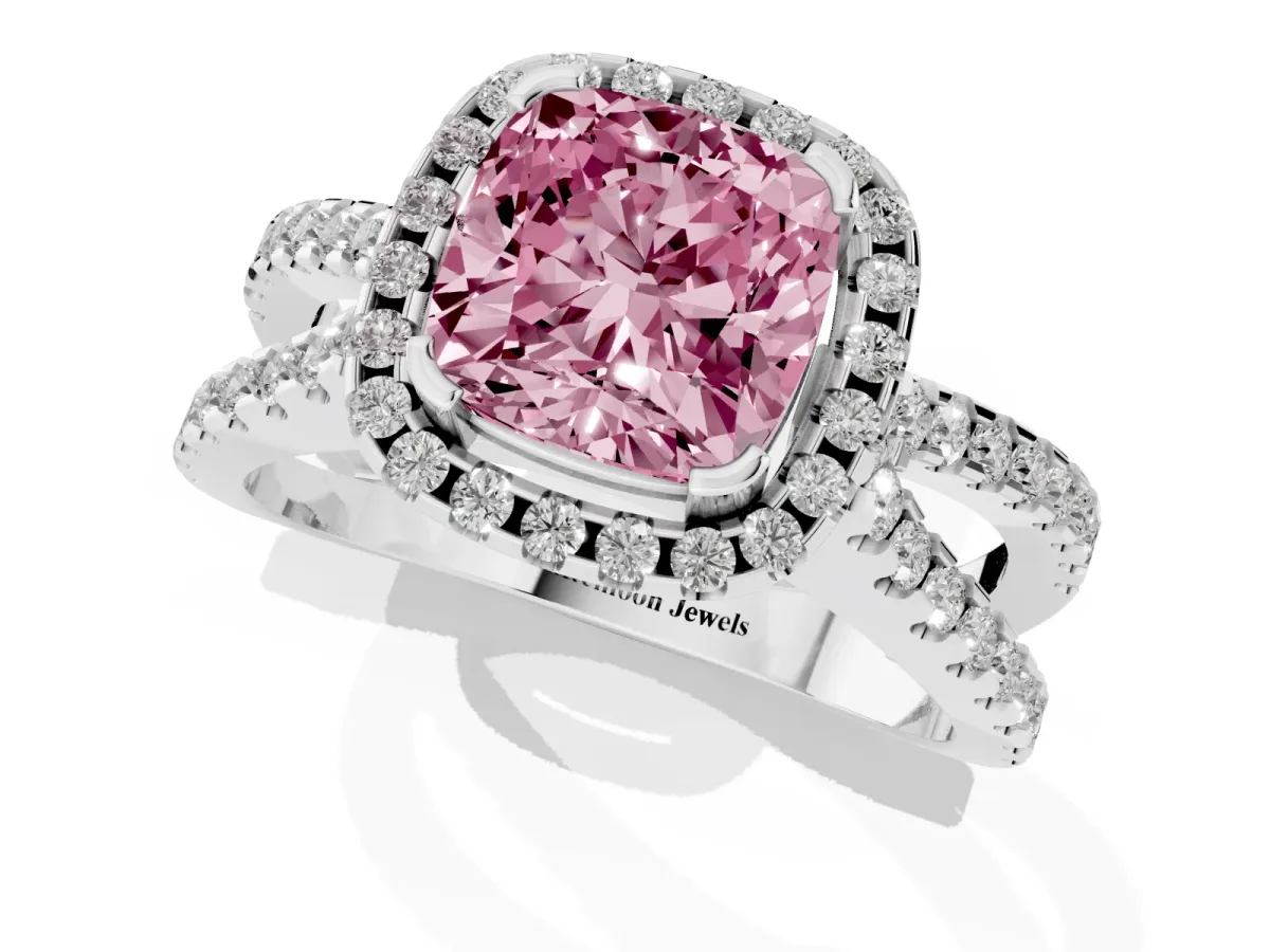 Fancy Pink Cushion Cut Diamond Halo Ring with Split Shank Pavé Band and Prong Setting Platinum