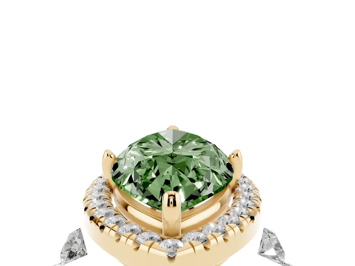 Fancy Green Marquise Cut Halo Pavé Diamond Engagement Ring with Four-Prong Setting Yellow gold