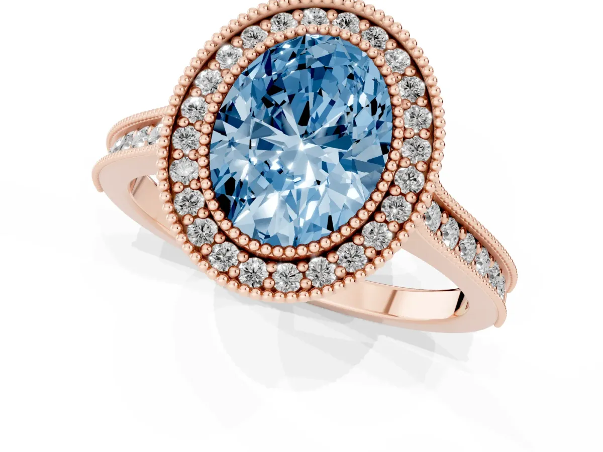 Fancy Blue Halo Oval Cut-Cut Diamond Pave Band Milgrain Prong Setting Ring Rose gold