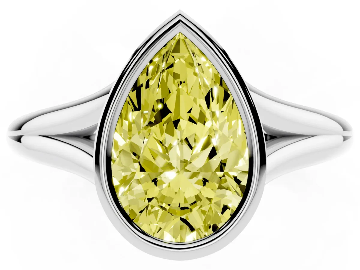 Fancy Yellow Bezel Set Pear Cut Cut Solitaire Ring with Tapered Band Silver