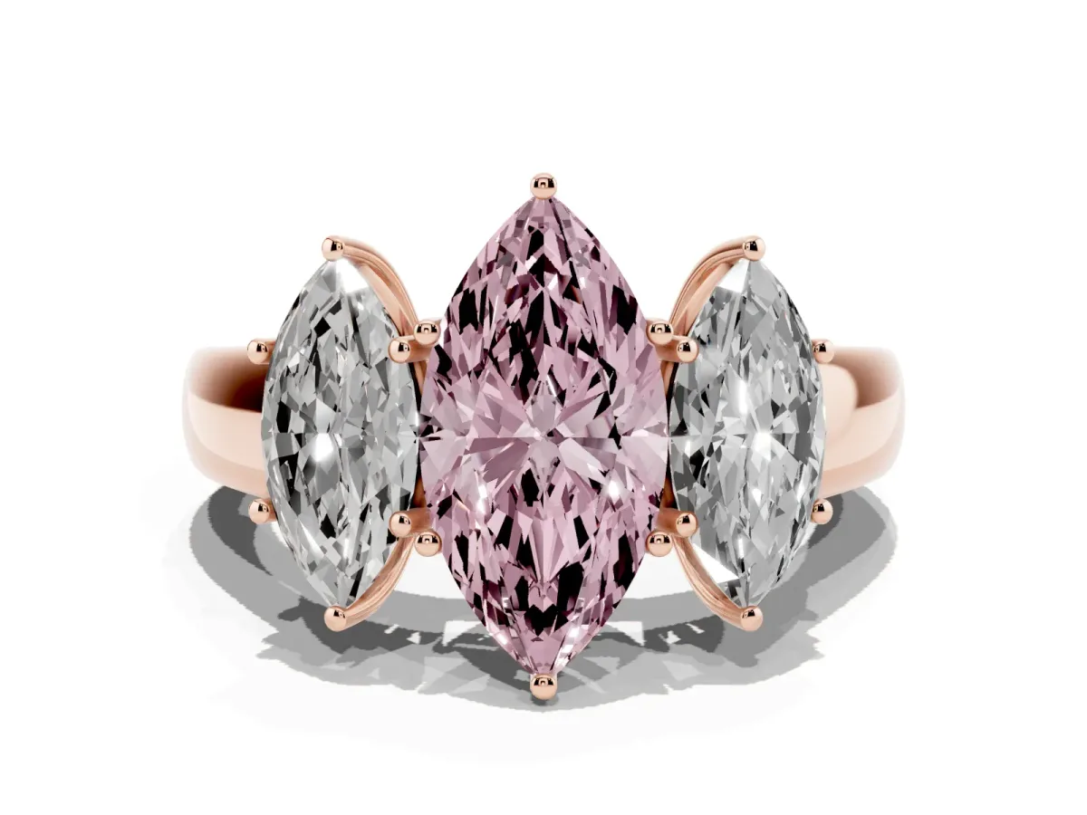 Fancy Pink Three-Stone Marquise Cut Cut Diamond Ring with Prong Setting and Classic Band Rose gold