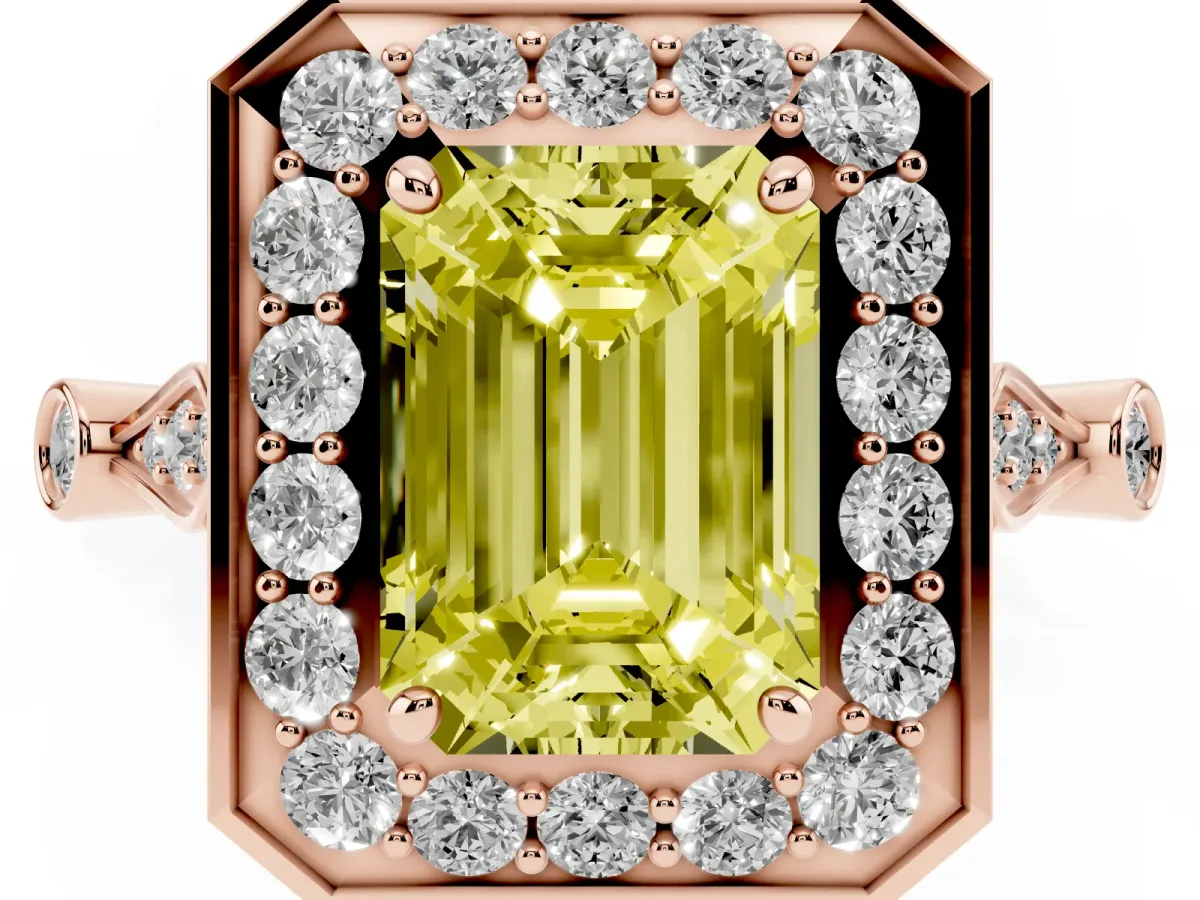 Fancy Yellow Emerald Cut Halo Diamond Engagement Ring with Twisted Band and Four-Prong Setting Rose gold