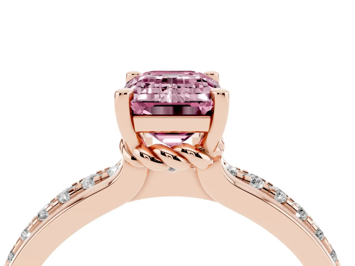 Fancy Pink Emerald Cut Solitaire Diamond Ring with Channel Set Band and Six-Prong Setting Rose gold