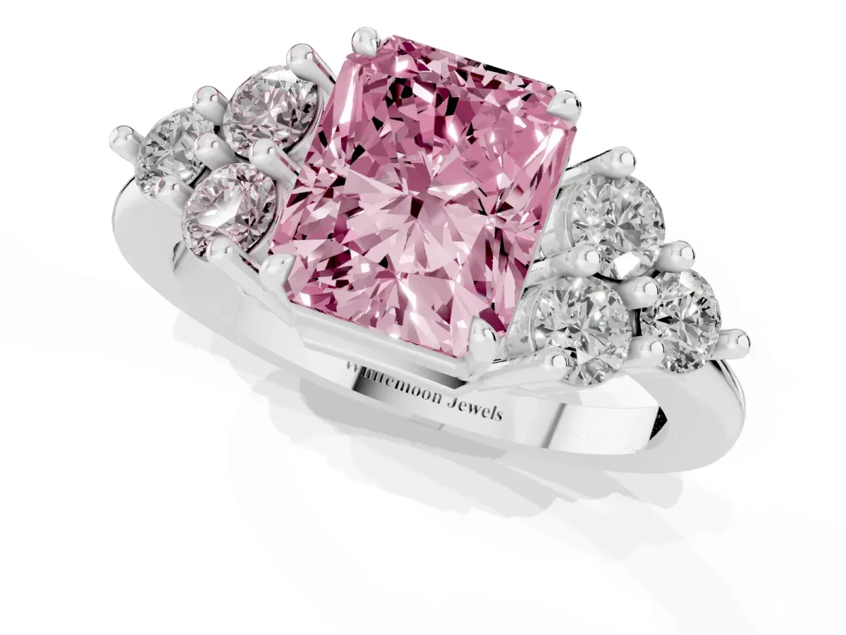 Fancy Pink Radiant Cut Brilliant Diamond Cluster Accent Solitaire Ring with Prong Setting Silver