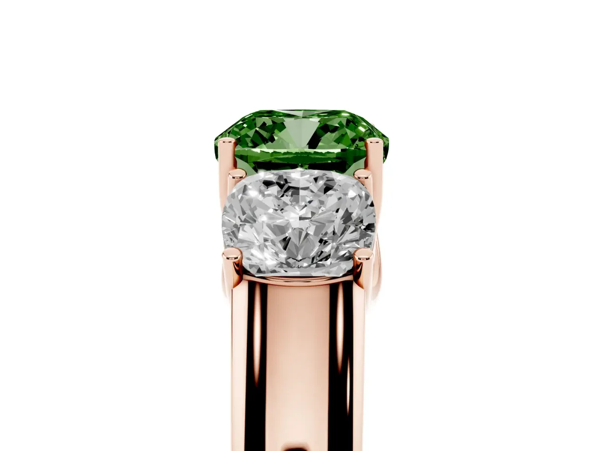 Fancy Green Three-Stone Cushion Cut Cut Diamond Ring with Prong Setting and Classic Band Rose gold
