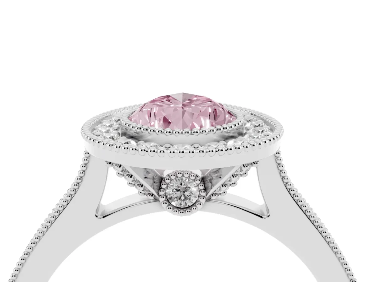Fancy Pink Halo Pear Cut-Cut Diamond Pave Band Milgrain Prong Setting Ring Silver