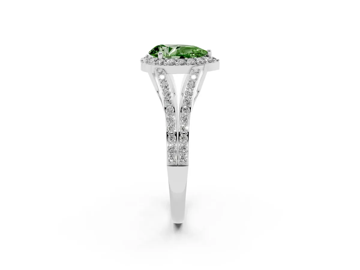 Fancy Green Pear Cut Halo Split Shank Pave Diamond Ring with Four-Prong Setting Platinum